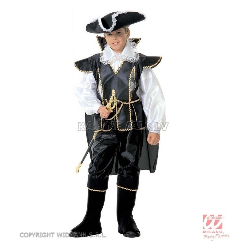 Pirata kostīms (140 cm) - krekls, mundieris ar apmetni, bikses ar apavu pārvalkiem, cepure