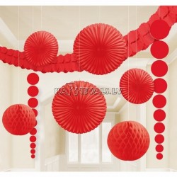 Telpu dekorēšanas komplekts - 3.6m virtene, 2x24cm papīra bumbas, 2x90cm pekaramie dekori, 2x30cm un 2x20 papira fani, sarkans