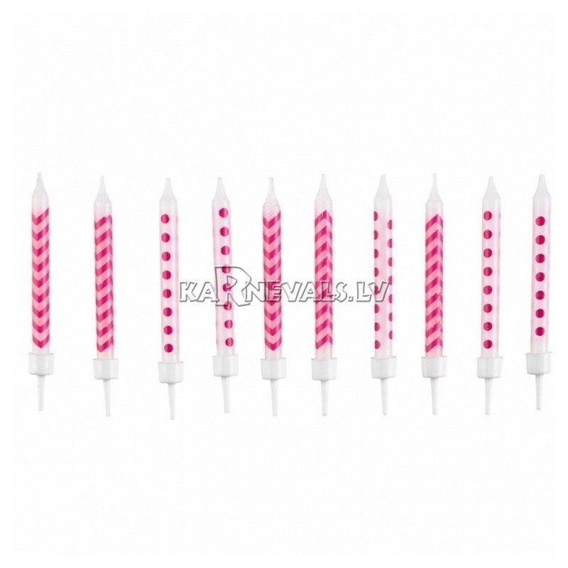 Свечи розовые в горошек/зигзаг, с подсвечниками, 5мм х 6.3см, 10шт. в упаковке.