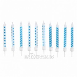 Свечи голубые в горошек/зигзаг, с подсвечниками, 5мм х 6.3см, 10шт. в упаковке.