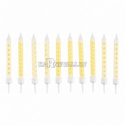 Свечи для торта, жёлтые в горошек/зигзаг, с подсвечниками, 5мм х 6.3см, 10шт. в упаковке