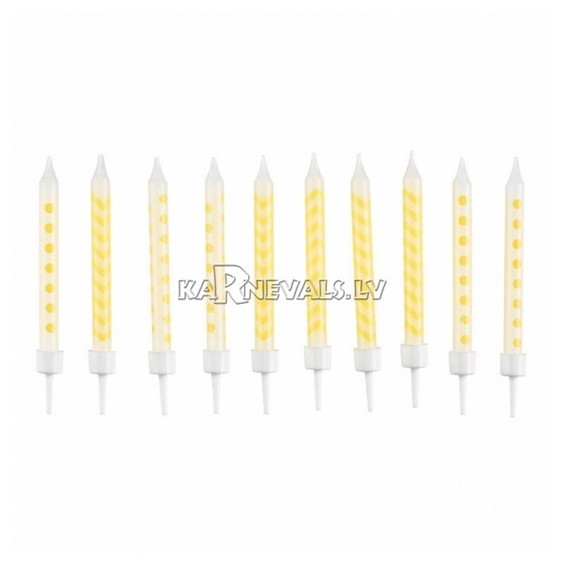Свечи для торта, жёлтые в горошек/зигзаг, с подсвечниками, 5мм х 6.3см, 10шт. в упаковке