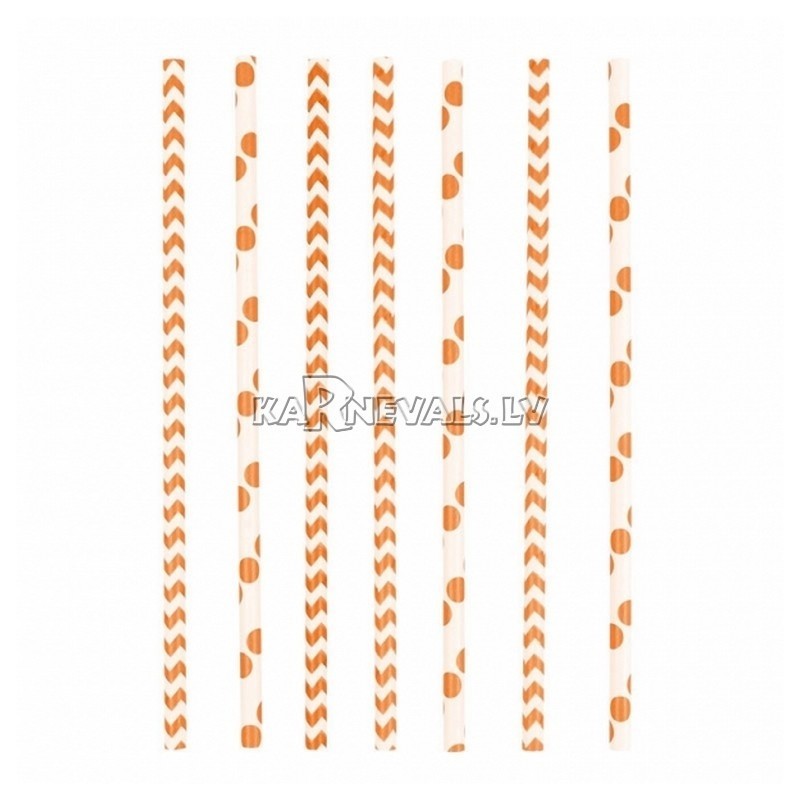 Kokteiļa papīra salmiņi, oranžas, ar punktiņu un līkloču | zigzag rakstu, 20cm,24 gab.