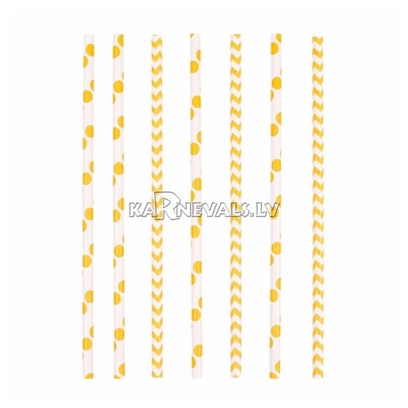 Kokteiļa papīra salmiņi, dzeltenas, ar punktiņu un līkloču | zigzag rakstu, 20cm,24 gab.
