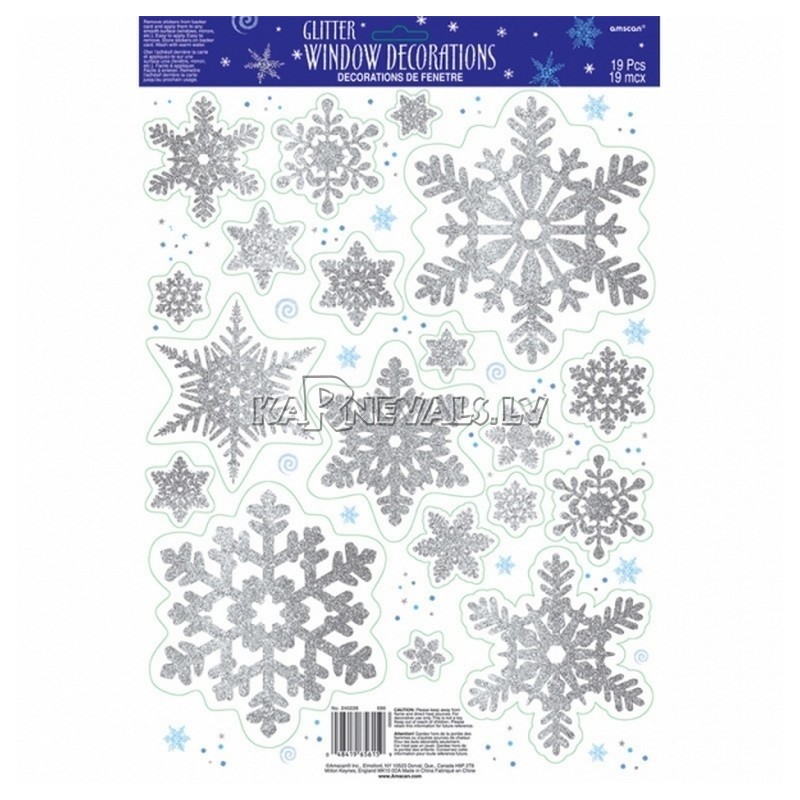 Prizmatiskās sniegpārsliņas komplekts logu dekorēšanai. Komplektā 19 sudrabas ar glitteriem sniegpārsliņas diam. 5 - 15cm