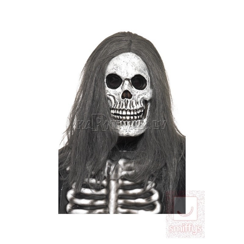 Маска Скелета на Хэллоуин, из латекса, с длинными серыми волосами