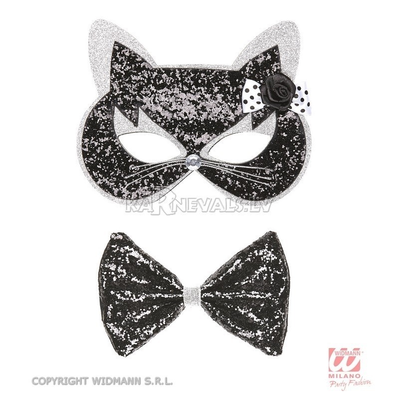 Melna-sudraba spīdīga kaķa  maska un tauriņš