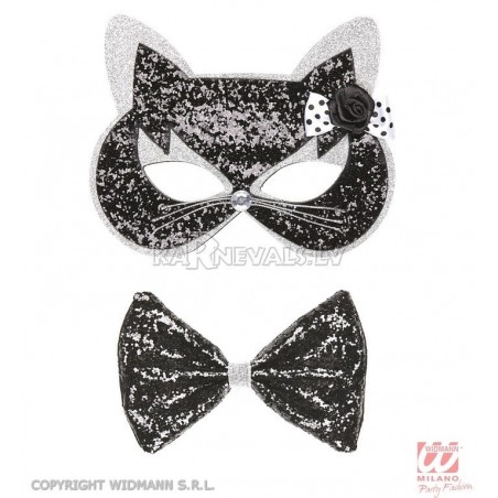 Melna-sudraba spīdīga kaķa  maska un tauriņš