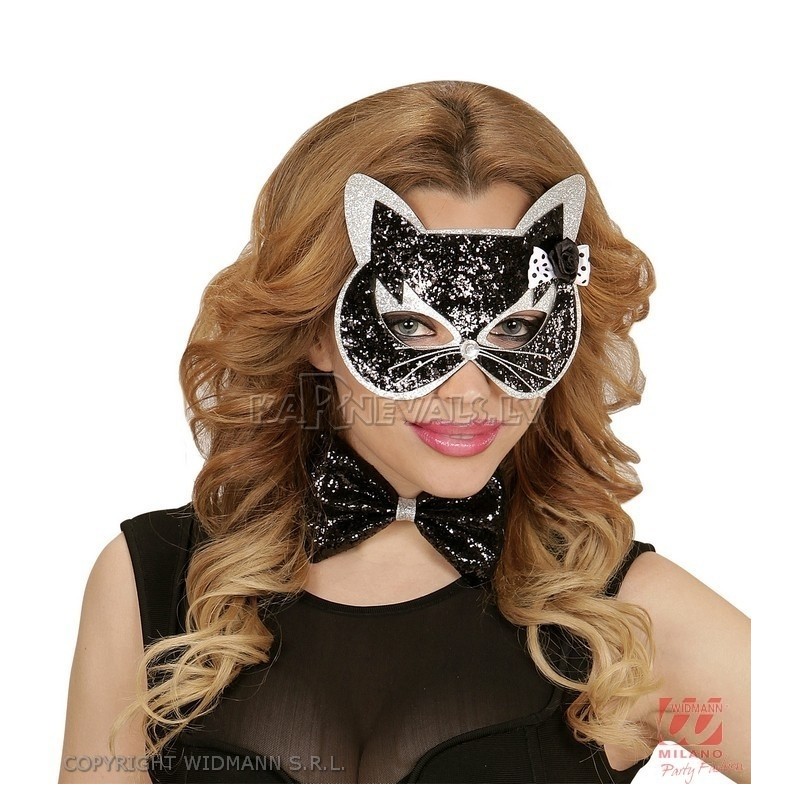 Melna-sudraba spīdīga kaķa  maska un tauriņš