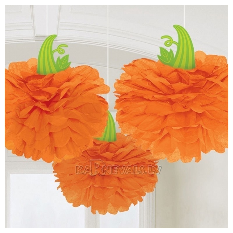 Ķirbis Helovīniem - pompona veida zīdpapīra dekorācijas komplekts, 3gb x 30.4cm