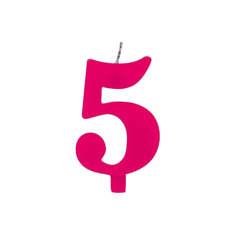 Цифра "5" - сверкающая свеча для торта,  фуксия, 9.5 см