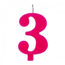 Цифра "3" - сверкающая свеча для торта,  фуксия, 9.5 см