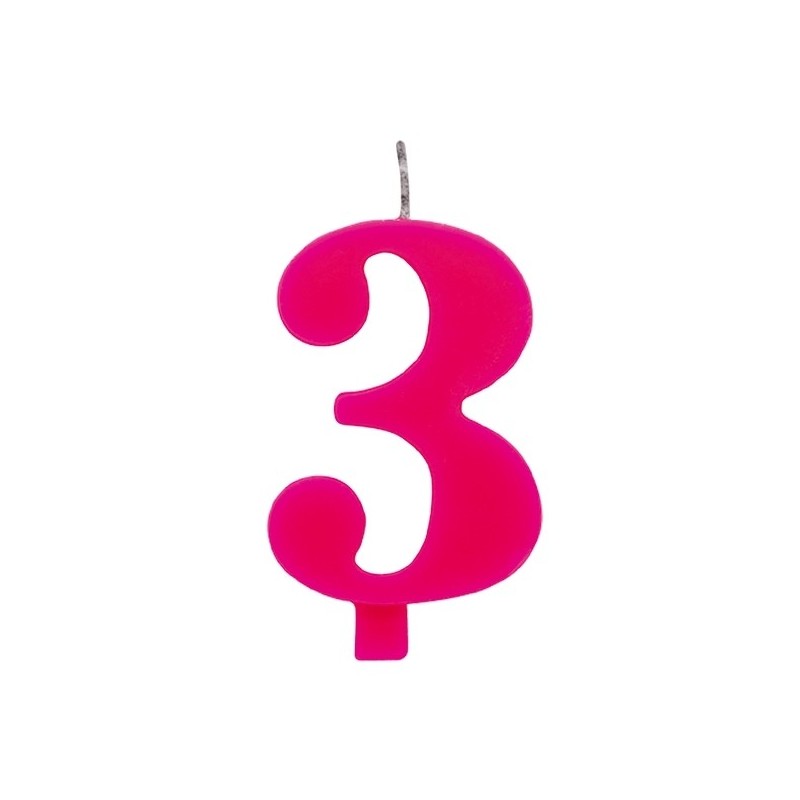Цифра "3" - сверкающая свеча для торта,  фуксия, 9.5 см