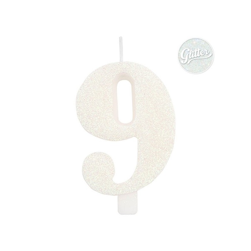 Цифра "9" - свеча для торта,  белая с блеском, 9.5 см