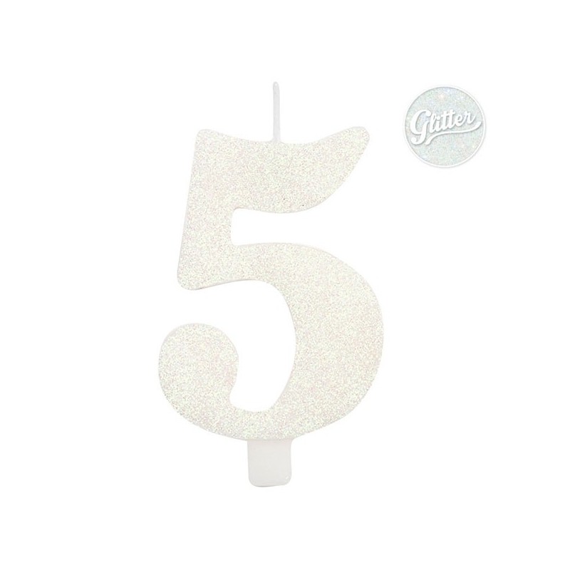 Цифра "5" - свеча для торта,  белая с блеском, 9.5 см