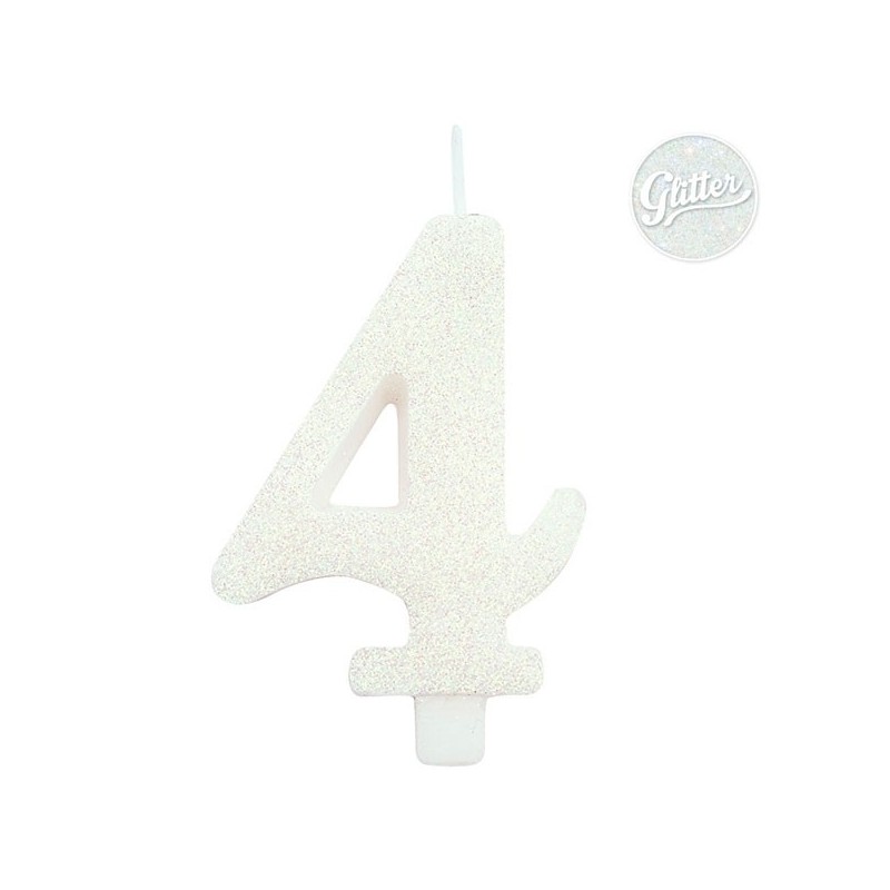 Цифра "4" - свеча для торта,  белая с блеском, 9.5 см