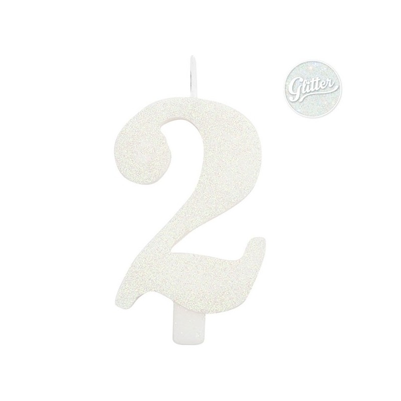 Цифра "2" - свеча для торта,  белая с блеском, 9.5 см