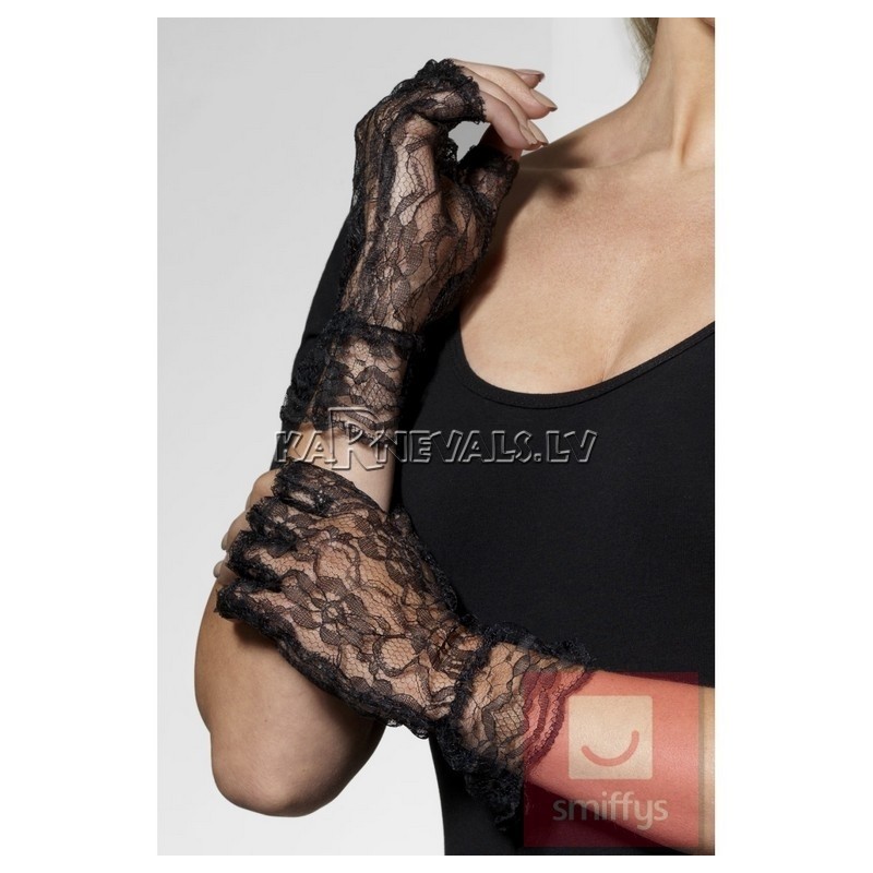 Eleganti mežģīņu cimdi bez pirkstiem, melni