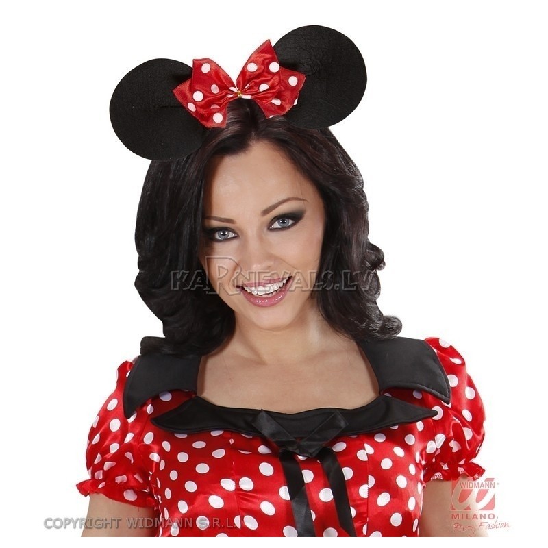 Ушки Микки- Мауса на ободке с красным бантом с белыми точкамив белый г