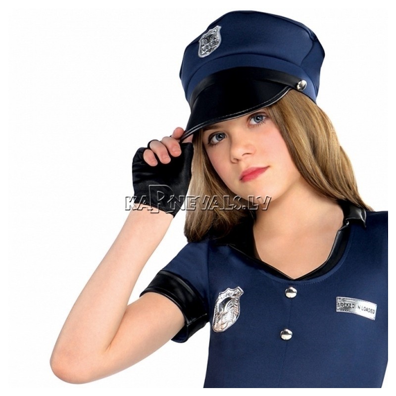 Policistes, kostīms 158 cm meitenēm, komplektā kleita, cepure, josta, cimdi bez pirkstiem, legingi, rokudzelži