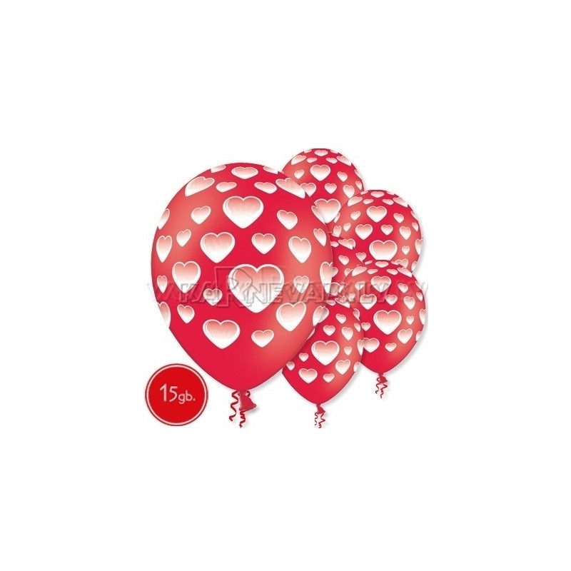 Baloni ar apdruku - SIRSNIŅAS - Pastelis, 12"/30cm, 15 gab., sarkani