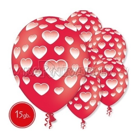 Baloni ar apdruku - SIRSNIŅAS - Pastelis, 12"/30cm, 15 gab., sarkani