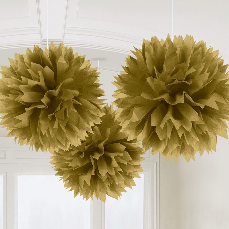 3 Fluffy Decorations Gold 40.6 cm