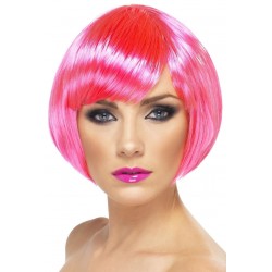 Parūka, neona rozā, īsais karē griezums, ar čolku, sintētika