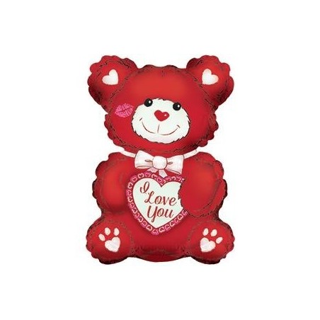 Folijas gaisa balons "Mīļu Tevi lācis, sarkans ar baltu", 30 x 20 cm,  lietojams ar kociņu (nav komplektā)