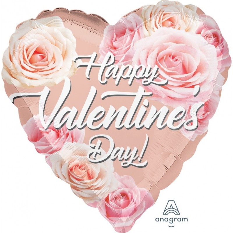 Folija balons "Valentīna rozā zelta rozes", sirds formas balons, 43 cm, hēlija apjoms 0.011 kbm