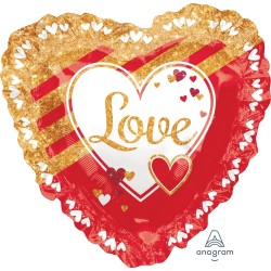 Folija balons "Sarkana un zelta mīlestība", liels sirds formas ar kruzuli balons Liela Figūra, 71 x 71 cm, hēlija apjoms 0.059 k