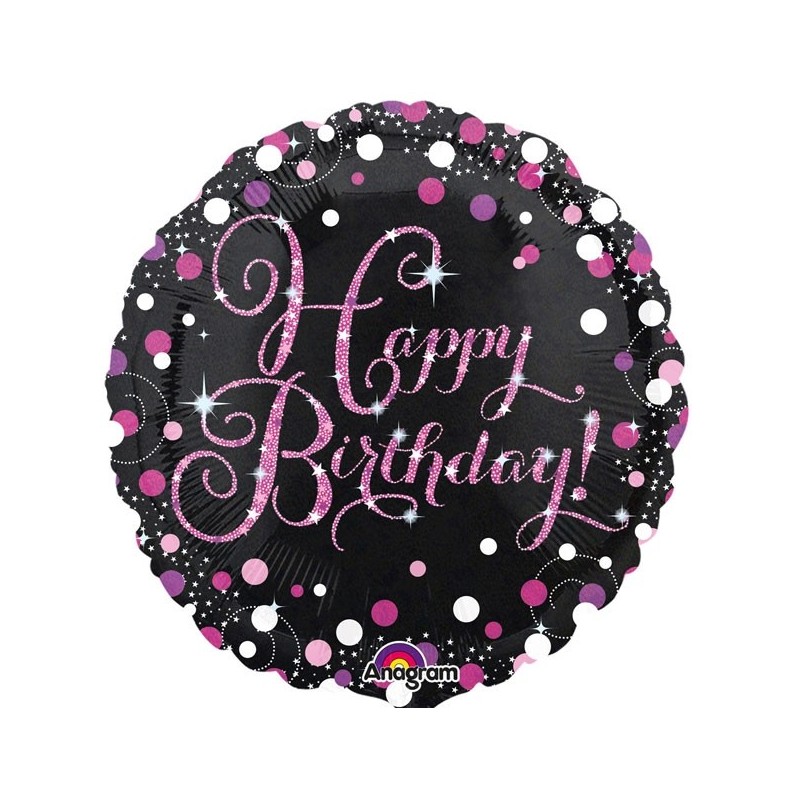 Apaļš folijas balons "Rozā dzirkstošā Dzimšanas Diena" ar hologrāfisku spīdumu, iepakots, 43 cm