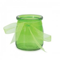 Стеклянный подсвечник-бутылочка с лентой из органзы, зелёный,  7.5 х 6.5 см.