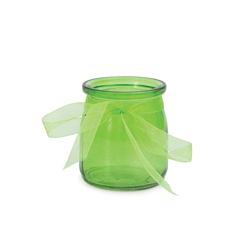 Стеклянный подсвечник-бутылочка с лентой из органзы, зелёный,  7.5 х 6.5 см.