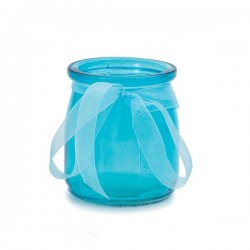 Стеклянный подсвечник-бутылочка с лентой из органзы, голубой,  7.5 х 6.5 см..