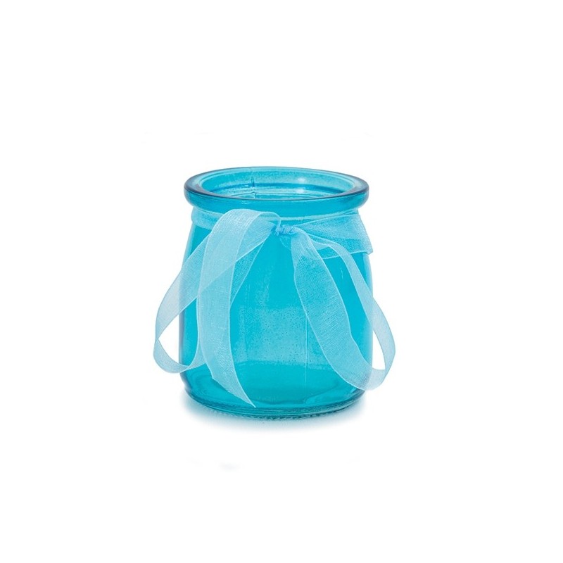 Стеклянный подсвечник-бутылочка с лентой из органзы, голубой,  7.5 х 6.5 см..