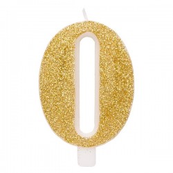 Svece tortei vai kūkai "0" ciparu formā, zelta, sprakstoša, komlektā ar svečturi, augstums 9.5 cm. 