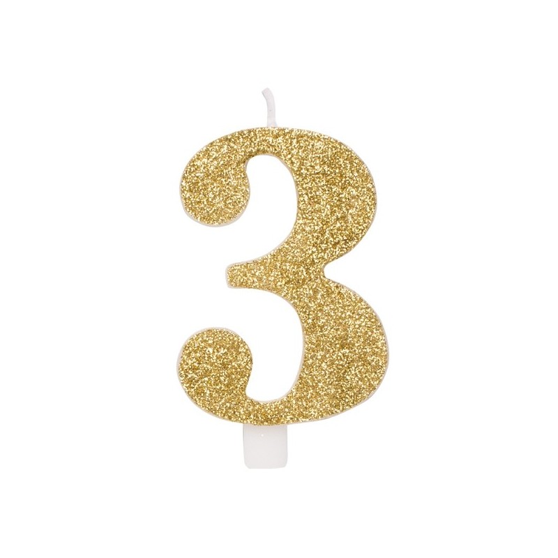 Svece tortei vai kūkai "3" ciparu formā, zelta, sprakstoša, komlektā ar svečturi, augstums 9.5 cm. 