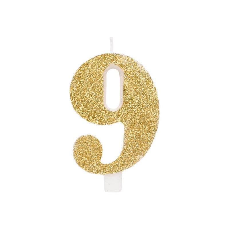 Svece tortei vai kūkai "9" ciparu formā, zelta, sprakstoša, komlektā ar svečturi, augstums 9.5 cm. 