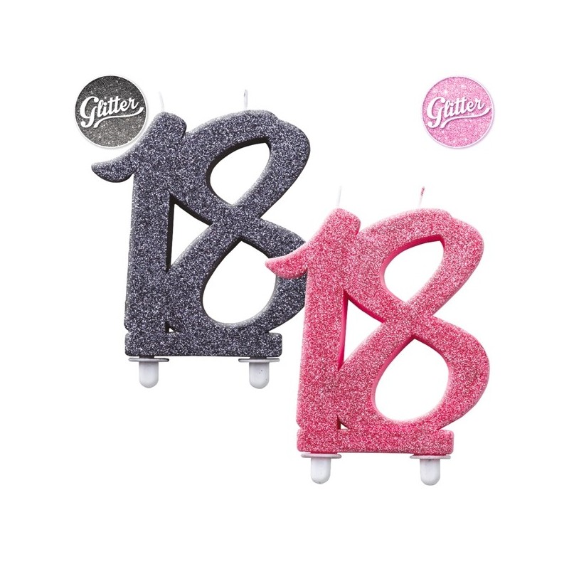 Свечка для торта цифра "18", черная, блестящая, 12 см., комплект с подсвечником