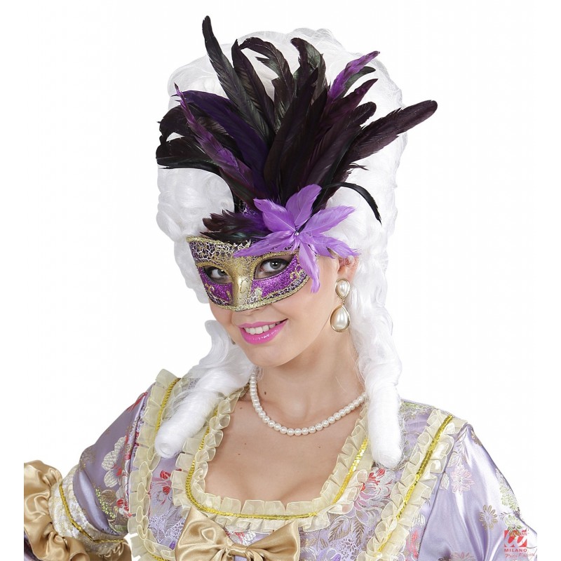 Колумбийская карнавальная маска с блеском и перьями, золотой и фиолетовой цвет