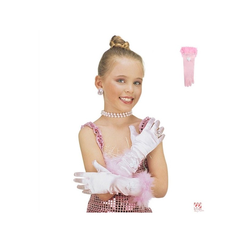 Garie glamura rozā cimdi ar spalvām un rozēm, bērnu viens izmērs visiem