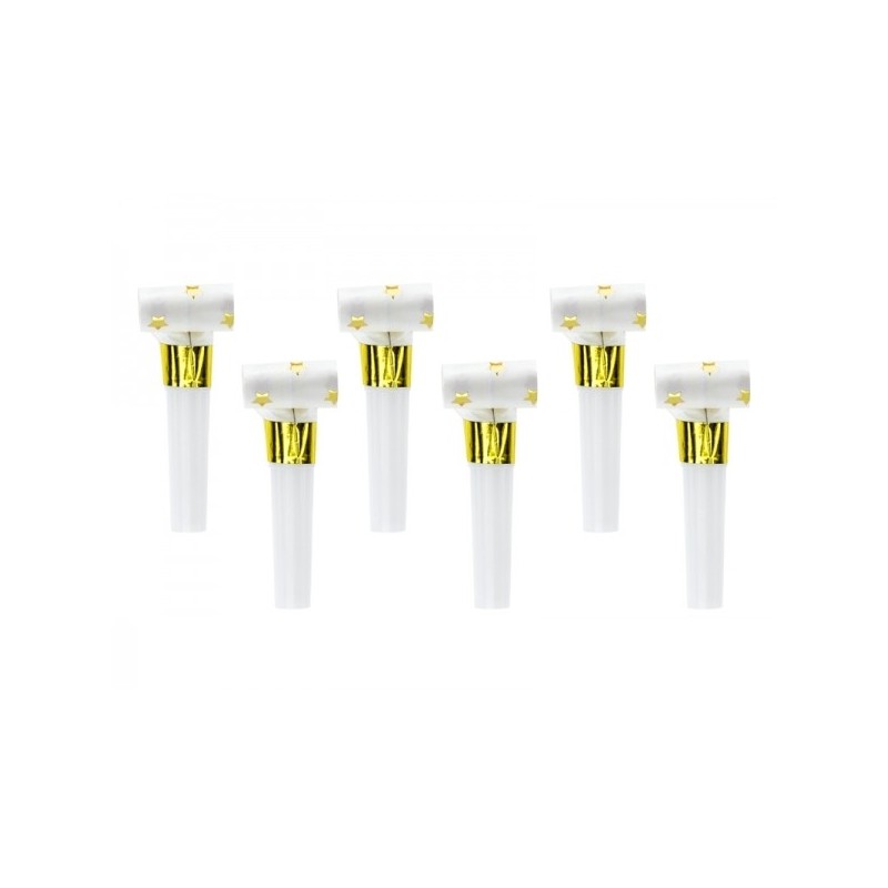 Papīra svilpes ar zelta zvaigžņu zīmējumu uz balta fona