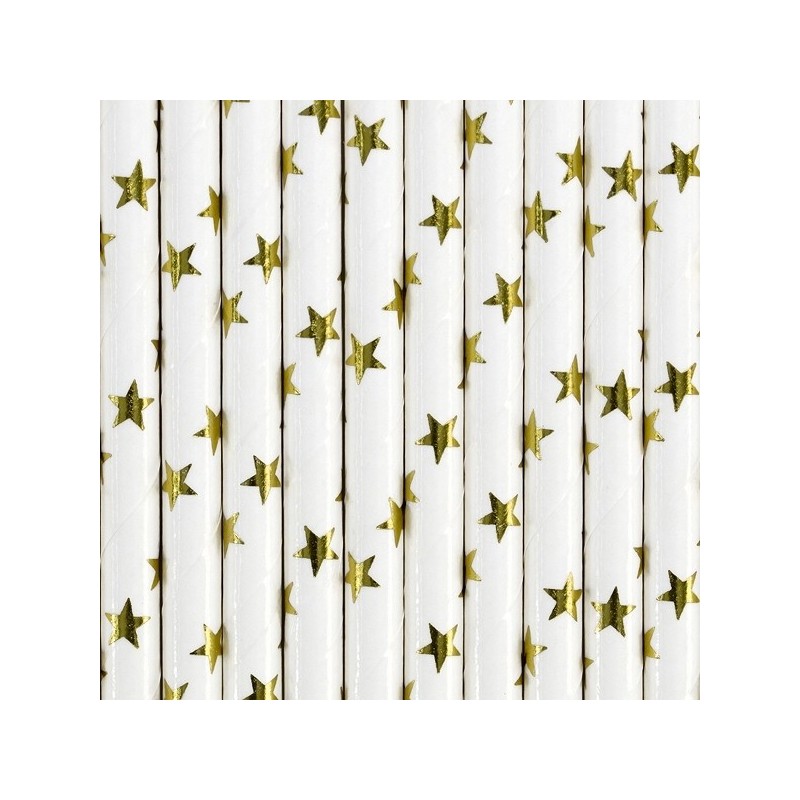 Papīra salmiņi balti ar zelta zvaigznēm, 19.5 cm, 10 gab. 