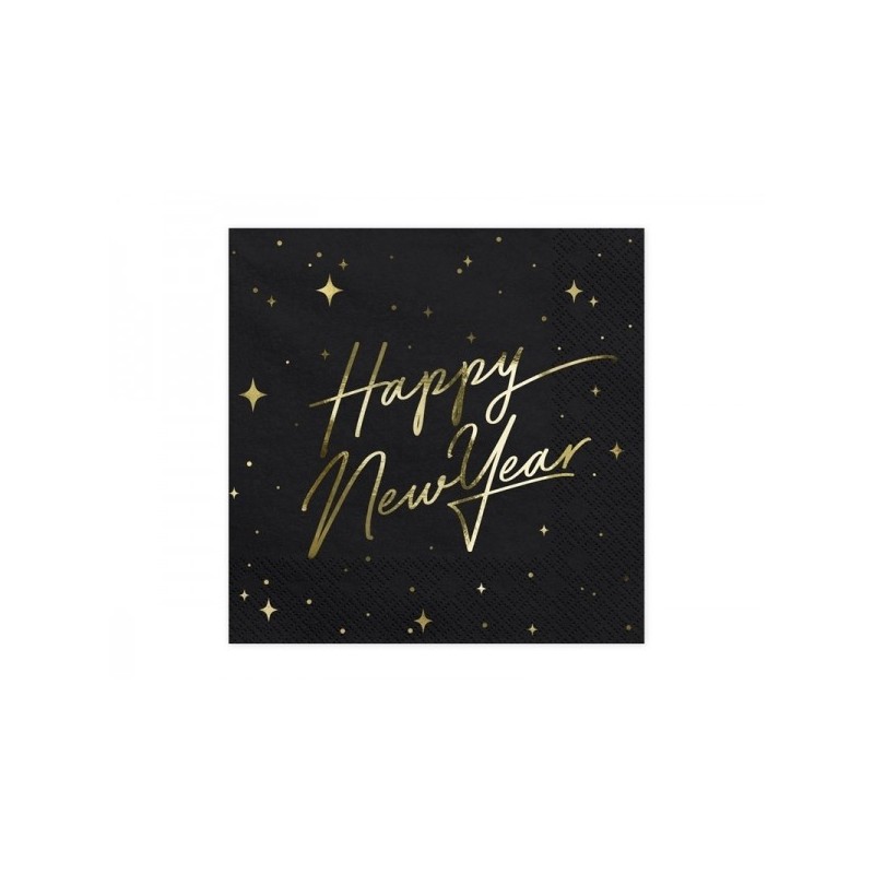 Салфетки, черные с золотой печатью "Happy New Year", 33x33 см, (размер в сложеном виде 16.5 x 16.5 см), 20 шт