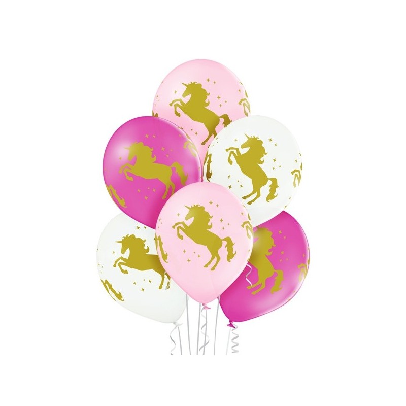 "Vienradži" 12"/30 cm lateksa baloni 6 gab. Pastelis: 002 Balts, 004 Gaiši Rozā, 010 Koši Rozā. Druka: 1 Krāsa(s) / 4 Puses