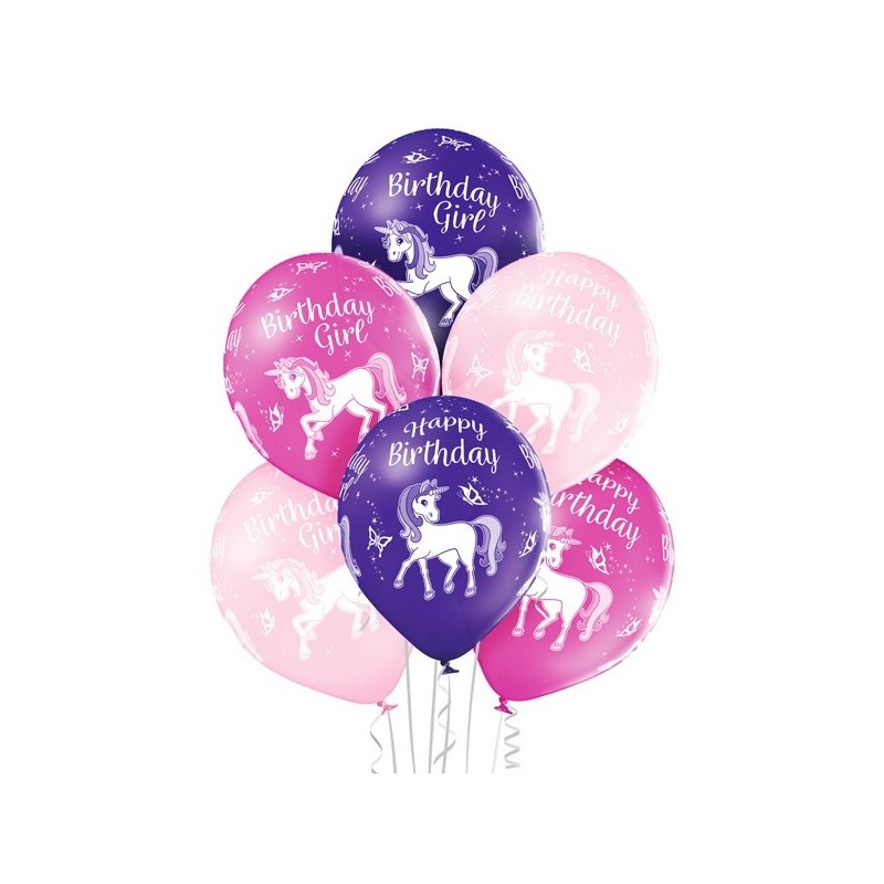 "Dzimšanas dienai ar Vienradži" 12"/30 cm lateksa baloni 6 gab. Pastelis: 004 Gaiši Rozā, 010 Koši Rozā, 153 Koši Violets. Druka