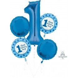 Набор из 5-ти гелиевых шаров “1-й День Рождения” для мальчика.  1 шар х 86 см. и 4 шара х 45 см, шары наполняются гелием