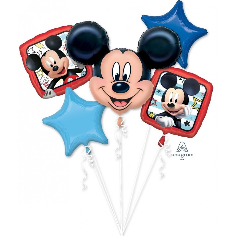 5 balonu komplekts “Peļuks Mikijs / Mickey Mouse” – 1 balons x 76 cm. un 4 baloni x 45 cm, baloni piepūšami ar hēliju