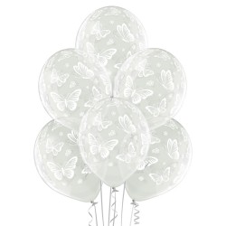 "Tauriņi" 12"/30 cm lateksa baloni  6 gab. Caurspīdīgi: 038 Caurspīdīgs Bezkrāsas. Druka: 1 Krāsa(s) / 5 Puses